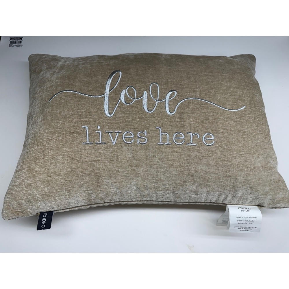 Rodeo Home Love Lives Here Embroidered Velvet Throw Pillow Feather Insert Tan